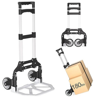 Folding Hand Truck - Aluminum Portable Dolly Cart with Telescopic Handle, Bungee Cord - Compact Lightweight Foldable Luggage Cart for Moving, Home, Auto, 180lbs, Black