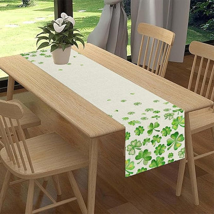 St.Patrick's Day Table Runner,Rustic Green Clover Seasonal Leaves White Green Table Center Decor for Family Kitchen and Living Room Outdoor Farmhouse Party Table Decorations, 13"x72"