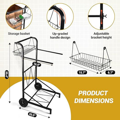 CAROD Upgraded Trash Bag Holder Cart with Storage Basket and Ergonomic Handle, Adjustable Outdoor Leaf Bag Holder from 30-45 Gallon Capacity, Ideal for Yard Clean-Up, Camping, Parties,Leaf Collection
