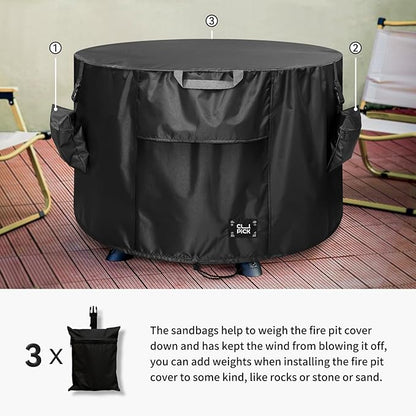 Fire Pit Cover,Heavy-Duty Waterproof Tear-Resistant FirePit Covers Round with Sandbag,Weather and Fade Resistant Fire Pit Cover Round Fits for 41-44 Inch Fire Pit/Table,Black 44" D x 24" H