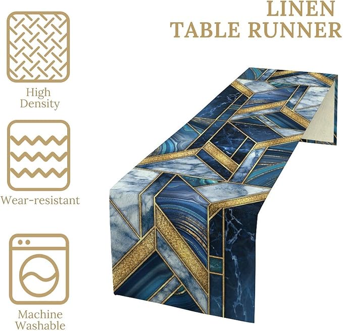 Marble Texture Table Runner, Dark Blue Gold Modern Mosaic Design Table Runner Decoration for Kitchen Family Dinner Table Holiday Party Farmhouse 13x60in