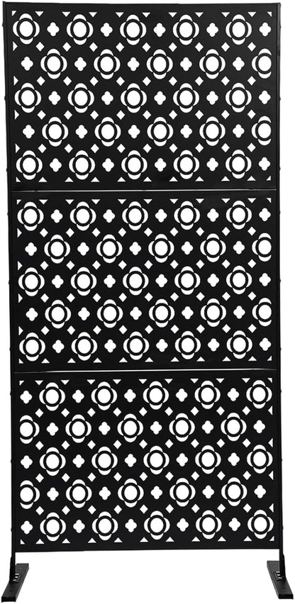 75" H×35" W Decorative Outdoor Privacy Screen with Stand, Outdoor Decor Privacy Fence Screen Metal Fence Panels, Free Standing Metal Divider for Patio Lawn Deck (Black-Small Plum Blossom)