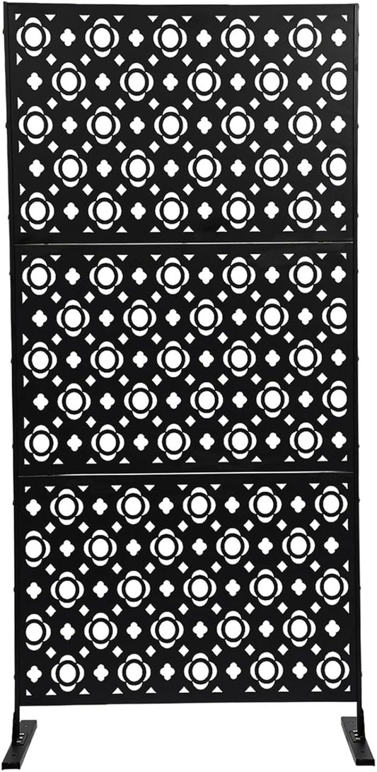 75" H×35" W Decorative Outdoor Privacy Screen with Stand, Outdoor Decor Privacy Fence Screen Metal Fence Panels, Free Standing Metal Divider for Patio Lawn Deck (Black-Small Plum Blossom)