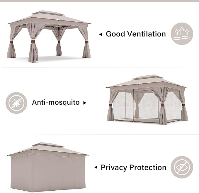 10'x13' Outdoor Gazebo with 50FT String Lights, Metal Heavy Duty Patio Canopy - Image 3
