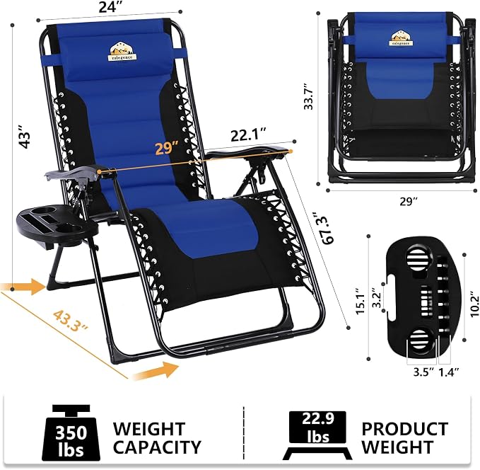 Colegence Oversized Padded Zero Gravity Chair, 400 lb, 0-170° locking recline - Image 3