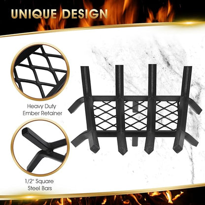 Fireplace Grate 17 "Heavy Duty with Ember Retainer, 1/2” Bar Fire Log Grate for Inside Fireplace, Fireplace Assectories, Chimney Hearth Wood Stove Burning Rack Holder,Wood Stove Grate for Outdoor