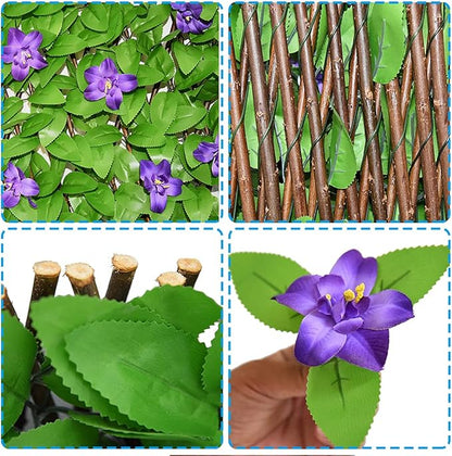 Expandable Fence Privacy Screen for Balcony Patio Outdoor,Decorative Faux Ivy Fencing Panel,Artificial Hedges (Single Sided Leaves) (1, Green Flowers)