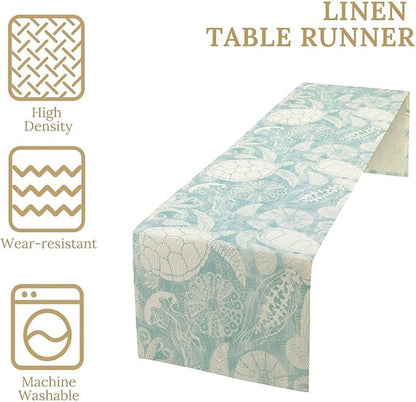 Marine Sea Turtle Table Runner, Ocean Beach Coral Starfish Seashell Table Runner for Kitchen Dining Wedding Party Banquet 13x36in