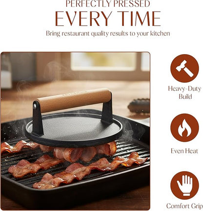 Bellemain Heavy Duty Cast Iron Smash Burger Press 7" Round Grill Press for Cooking Burgers, Bacon, Sandwiches, Steak, BBQ, Ground Beef, Meats, Sausages, and So On