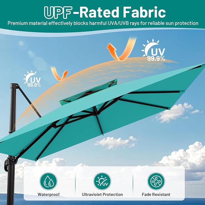 12×12 FT Double-Top Cantilever Patio Umbrella, Turquoise | Square Offset - Image 5