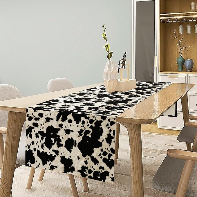 Cow Print Table Runner, Black White Animal Fur Skin Rustic Cowhide Pattern Table Runner for Kitchen Farmhouse Dining Home Outdoor Party 13x108in