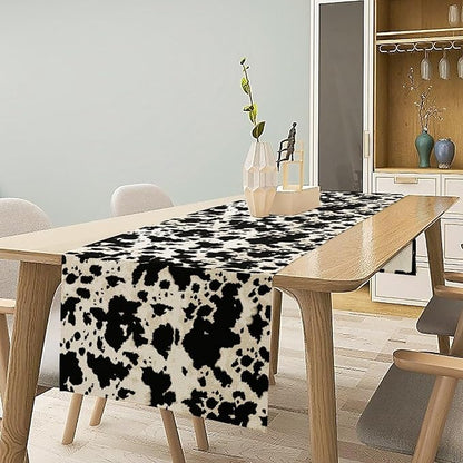 Cow Print Table Runner, Black White Animal Fur Skin Rustic Cowhide Pattern Table Runner for Kitchen Farmhouse Dining Home Outdoor Party 13x108in
