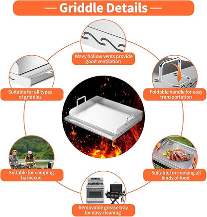 Griddle for Gas Grill- Stainless Steel Griddle, Flat Top Grill with Removable Grease Tray, Stove Top Griddle Pan for Charcoal Grill, Griddle Cooking Plate for Outdoor Grilling (17" x 13" x 2.2")