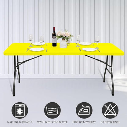 6 Pack Fitted Tablecloth for 8 Foot Rectangle Tables, Yellow Elastic Outdoor Picnic Table Cover, Washable Stretch Folding Table Cloths 8 ft for Camping Party Patio Kitchen Banquet, 30" W x 96" L