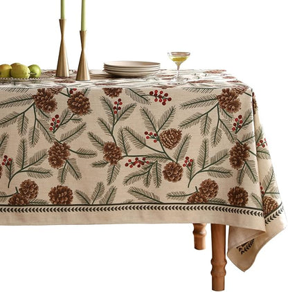 ISAENNE Designer Christmas Beige Linen Long Rectangle Tablecloth,Pinecones Pattern Indoor Table Cloths,Washable Decor Tablecloths for Dining Thanksgiving Kitchen Christmas,63"*94"-Carol B