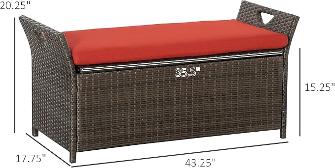 Outsunny 29 Gallon Patio Wicker Storage Bench Outdoor PE Rattan Red | Furniture - Image 3