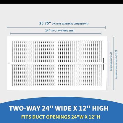 24x12 Vent Register [Duct Opening], Vent Covers for Home Ceiling, Two-Way Ventilation Register, Adjustable Solid Steel Wall Register Vent Cover (24"W x12"H [Duct Opening])