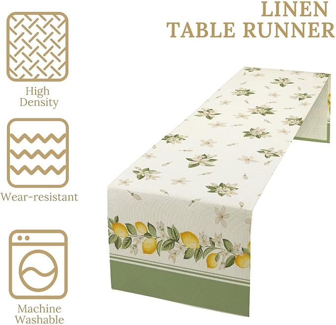 Lemon Spring Table Runner, Farmhouse Rustic Summer Flower Leaves Table Cover for Home Kitchen Dining Room Table, 13x108inch