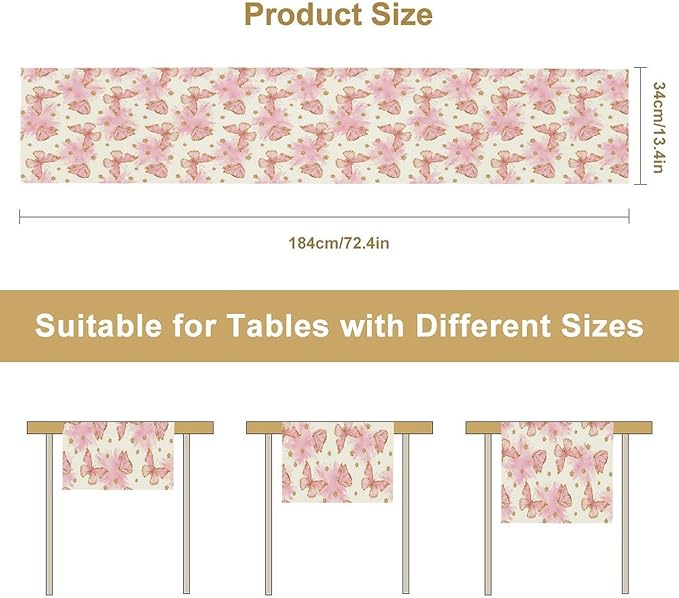 Watercolor Butterfly Table Runner, Cute Pink Butterfly Spring Modern Aesthetics Print Table Runner for Holiday Kitchen Dining Outdoor Home Party 13x36in