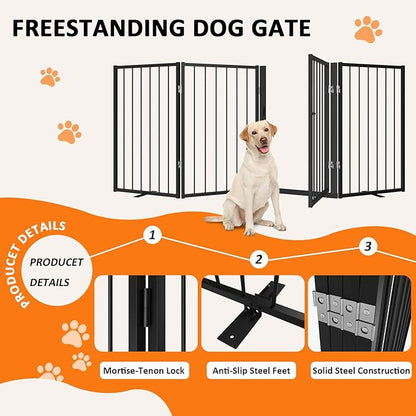 Metal Freestanding Dog Gate, Foldable Extra Wide 79", 32" Tall Large Opening Pet Gate for Indoor & Outdoor, Portable Dog Fence for Stairs, Doorways (Black, 4 Panels)