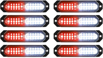 ASPL 8pcs Sync Feature Ultra Slim 12-LED Surface Mount Flashing Strobe Lights for Truck Car Vehicle LED Mini Grille Light Head Emergency Beacon Hazard Warning Lights (Red/White)