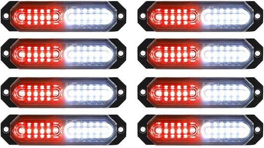 ASPL 8pcs Sync Feature Ultra Slim 12-LED Surface Mount Flashing Strobe Lights for Truck Car Vehicle LED Mini Grille Light Head Emergency Beacon Hazard Warning Lights (Red/White)