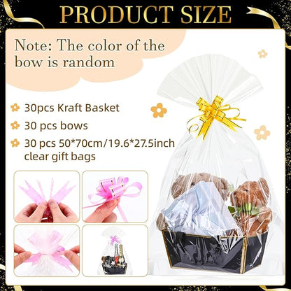 Tuanse 30 Pcs Basket for Gift Empty DIY Bulk Gift Basket Kit with Handle Kraft Cardboard Tray with 30 Bag 30 Bow Market Tray for Wedding Party(Black Gold,9.8 x 6.7 x 4.3 in)