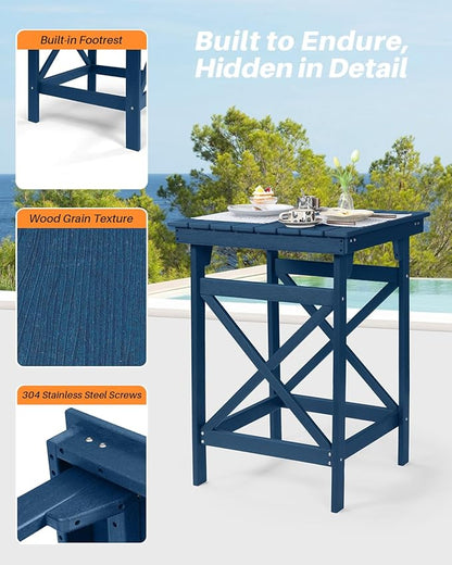HDPE Outdoor Bar Table, 41" Adirondack Outdoor Bar Height Table, All Weather HDPE High Top Pub Table, Square HDPE Patio Bar Tables for Balcony, Deck, Backyard, Poolside, Navy