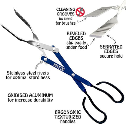 3 in 1 Barbecue Tool 18-inch by BBQ Croc - Light and Long Tongs, Spatula and Grill Scraper (Blue) (18 inch Without Flashlight)