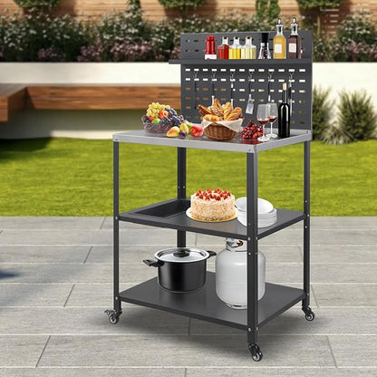 Three-Tier Grill Cart with Hanging Plate,Grill Table with 2 Locking Casters for Patio and Backyard,Stainless Steel Pizza Oven Stand Table,Black