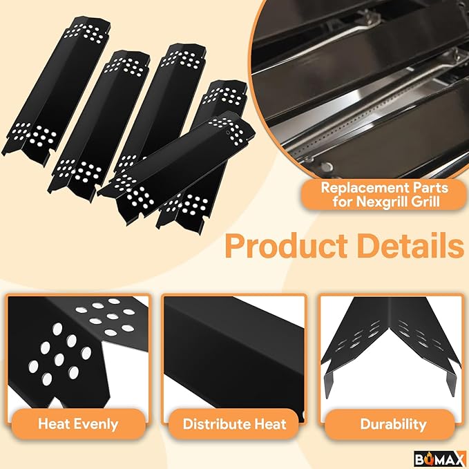 BQMAX Grill Parts for Nexgrill 5 Burner Gas Grill 720-0888 720-0888A 720-0888N, Cooking Grate, Heat Plates Shield and Burner for Nexgrill 5 Burner Replacement Parts for 720-0888 Nexgrill Parts