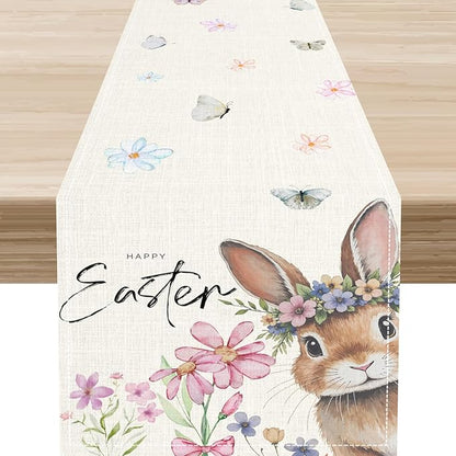 Easter Table Runner,Boho Floral Bunny Rabbit Butterflies Pink Blue Spring Easter Table Center Decor for Family Kitchen and Living Room Outdoor Farmhouse Party Table Decorations, 13"x36"