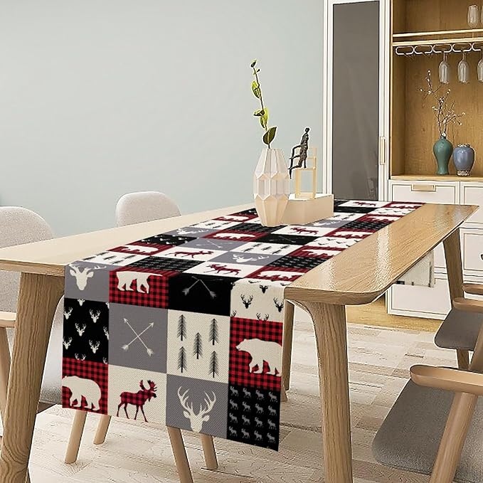 Farmhouse Bear Deer Table Runner, Retro Rustic Village Buffalo Plaid Table Runner for Coffee Table Dining Room Table Bedroom Party Holiday 13x120in