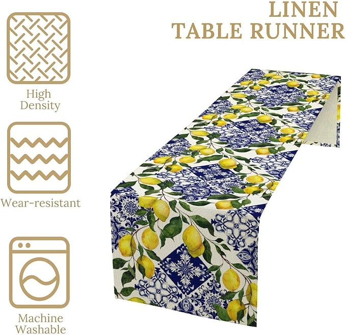 Lemon Fruit Nature Table Runner Farmhouse Talavera Ethnic Folk Rustic Watercolor Blue Dining Table Decoration for Home Holiday Party Dresser Kitchen Cabin Restaurant Wedding Decor 13×120in