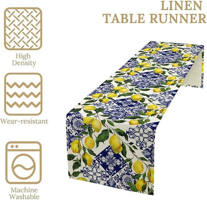 Lemon Fruit Nature Table Runner Farmhouse Talavera Ethnic Folk Rustic Watercolor Blue Dining Table Decoration for Home Holiday Party Dresser Kitchen Cabin Restaurant Wedding Decor 13×108in