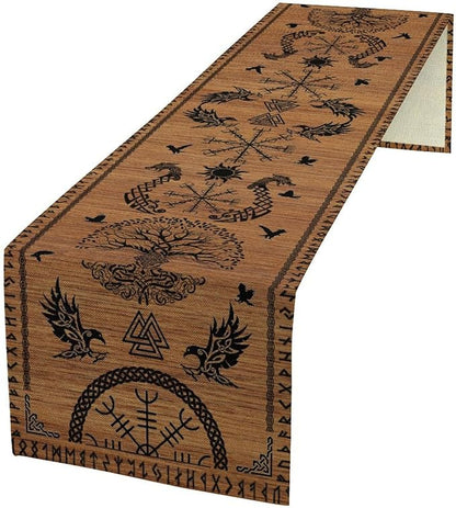 Viking Table Runners, Viking Tree of Life Raven Helmet of Awe Wood Print Table Runner for Home Kitchen Coffee Dining Room Bedroom Party 13x36in