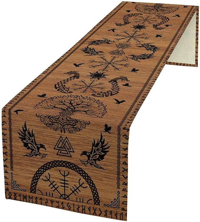 Viking Table Runners, Viking Tree of Life Raven Helmet of Awe Wood Print Table Runner for Home Kitchen Coffee Dining Room Bedroom Party 13x60in