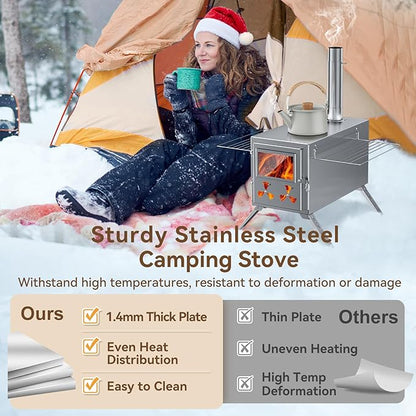 Hot Tent Stove, Camping Wood Burning Stove with 8 Stainless Chimney Pipes, Folding Portable Wood Stove for Tent, Outdoor Heating, Cooking, Ice Fishing, Hunting