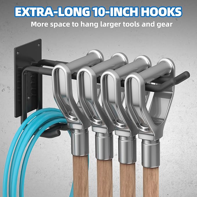 2 Pack Garage Hooks Heavy Duty 10 INCH Double-Layer Steel Shed Wall Mount Workshop Garage Storage Organizer Hooks for Hanging Garden Tool, Hose, Ladder, Chairs, Bikes with Anti-Slip Coating