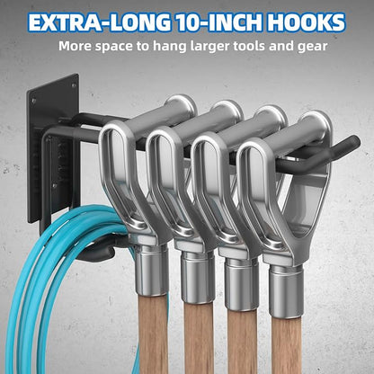 6 Pack Garage Hooks 10 INCH Heavy Duty Double-Layer Steel Shed Wall Mount Workshop Garage Storage Tool Organizer Hooks for Hanging Garden Tool, Hose, Ladder, Chairs, Bikes with Anti-Slip Coating