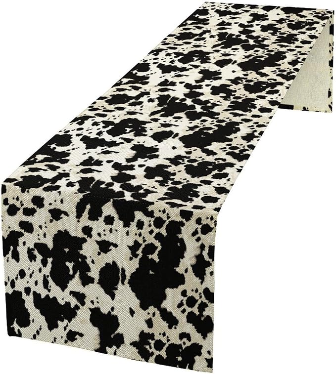 Cow Print Table Runner, Black White Animal Fur Skin Rustic Cowhide Pattern Table Runner for Kitchen Farmhouse Dining Home Outdoor Party 13x120in