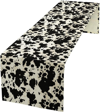 Cow Print Table Runner, Black White Animal Fur Skin Rustic Cowhide Pattern Table Runner for Kitchen Farmhouse Dining Home Outdoor Party 13x90in