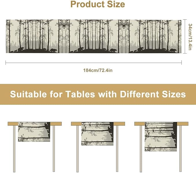 Retro Bear Table Runner, Rustic Foggy Forest Wild Animal Table Runner for Kitchen Dining Home Coffee Party 13x70in