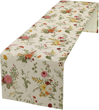 Vintage Flower Table Runner, Rustic Farmhouse Retro Garden Botanical Plants Herbs Wildflower Print Table Runner for Kitchen Dining Room Wedding Party Decor, 13x70inch