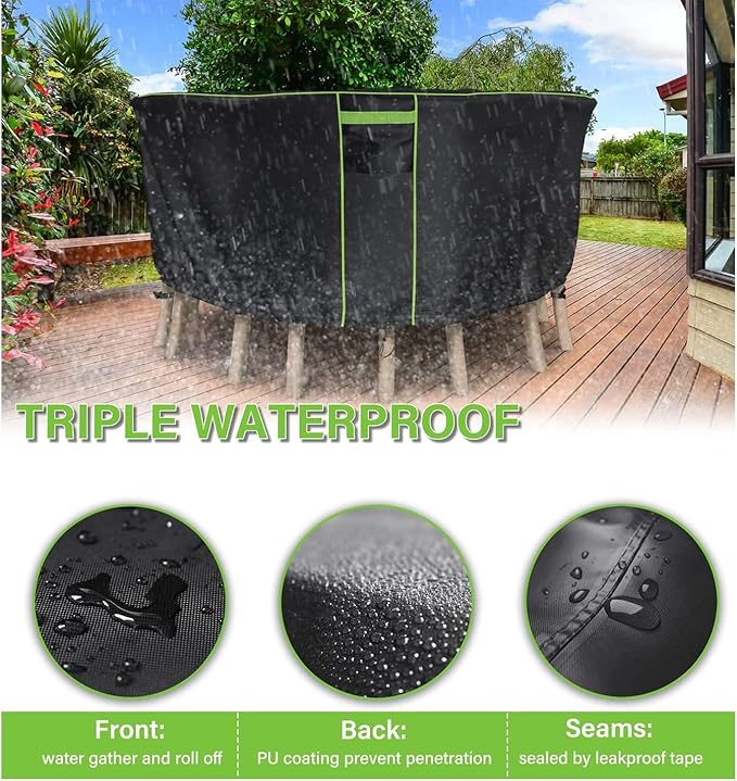 Round Patio Table Cover for Outdoor Table Chairs Set,600D Outdoor Furniture Cover Waterproof,96" Dia x 28" H,Black
