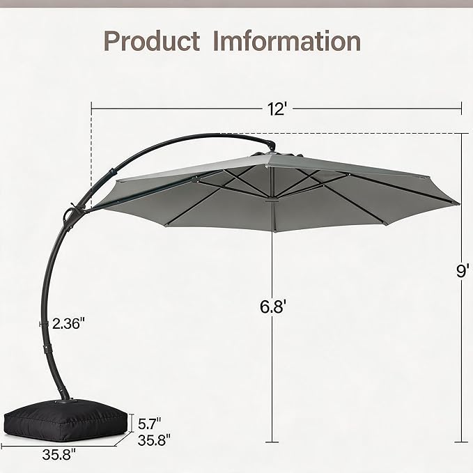 Outdoor Patio Umbrella with Base included, 12 FT Deluxe Curvy Cantilever - Image 3