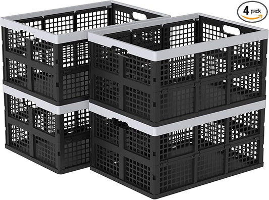 4 Pack Collapsible Plastic Storage Crates, Utility Folding Milk Crates, Folding Basket, 66 L