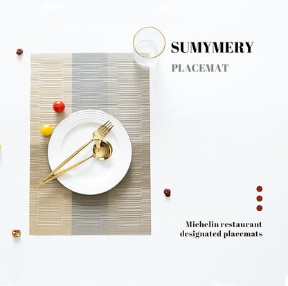 Placemats Set of 8 Vinyl/Plastic Woven Place Mats for Kitchen Table Indoor/Outdoor Washable Placemat Wipeable Dining Table Mats (Ombre Glod,8)
