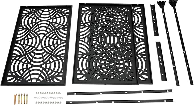 75" H×35" W Decorative Outdoor Privacy Screen with Stand, Outdoor Decor Privacy Fence Screen Metal Fence Panels, Free Standing Metal Divider for Patio Lawn Deck (Black -Curved Pattern)