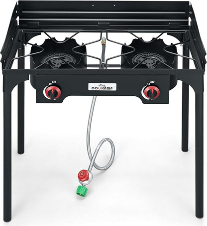 High Pressure Double Propane Burner With Windscreen Outdoor Camping Stove with 0-20 PSI Adjustable Regulator and Steel Braided Hose SA2510 (Two Burner Stove With Windscreen)
